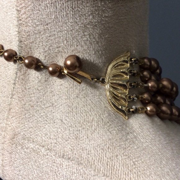 Vintage Japan Multi-Strand Bronze glass faux pearl Beaded Necklace - Picture 8 of 8